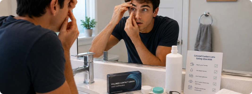 Man applying colored contacts in a mirror with a “Colored Contact Lens Safety Checklist” and lens supplies, for how to wear colored contacts for beginners.