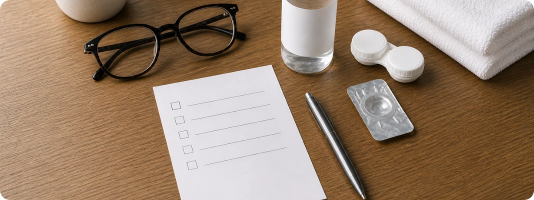 hecklist for Contact Lens Safety with a checklist sheet, pen, contact lens case, solution bottle, blister pack, towel, and eyeglasses on a wooden table.