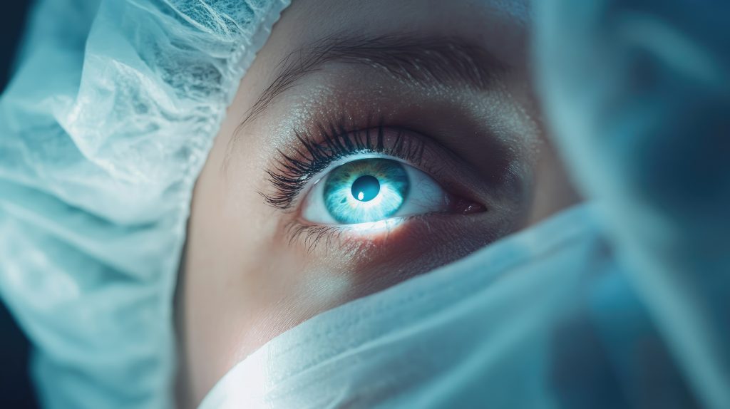 Close-up of an eye under surgical observation highlighting cataract surgery with a laser, featuring a sterile environment and focused medical staff.