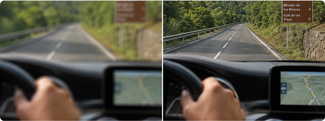 Presbyopia After 40 causes and symptoms shown by a split road view, with blurry vision on one side and clearer corrected vision on the other.