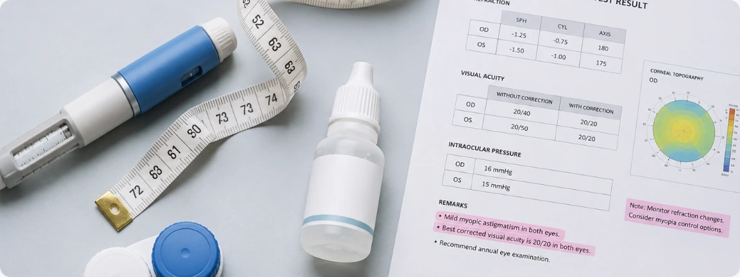 Weight Loss Drugs and Eye Stroke Risk image with injection pen, tape measure, eyedrops, lens case, and an eye exam result sheet.