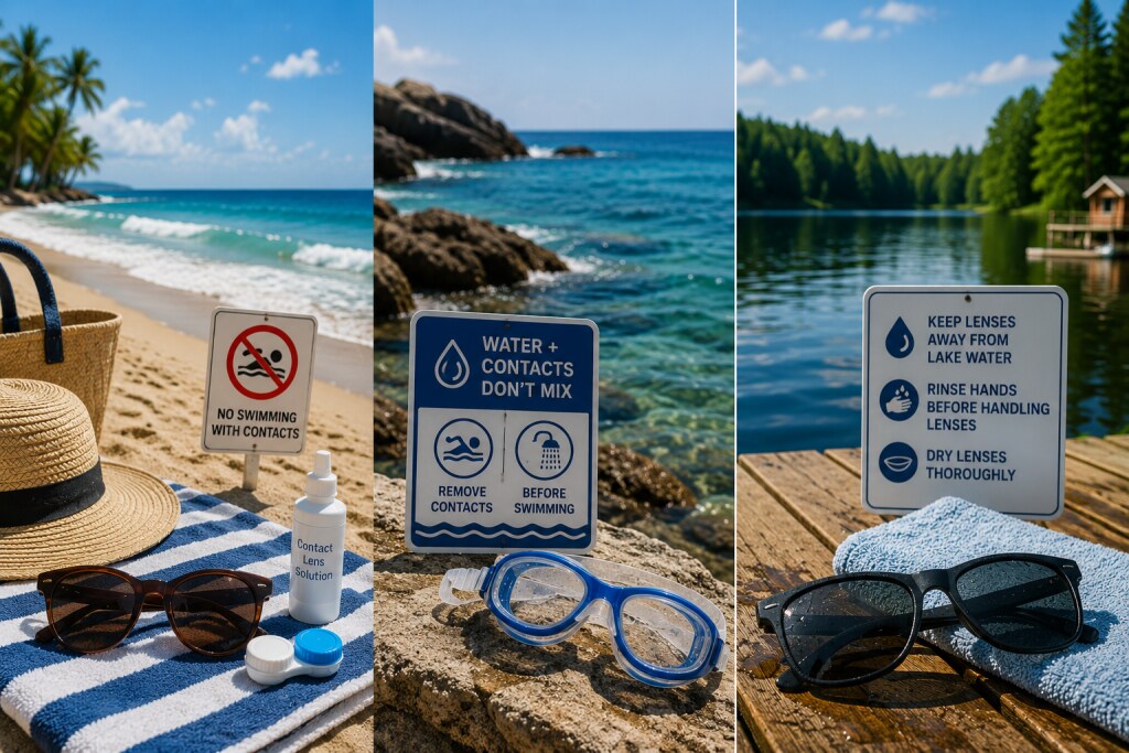 Three-panel image showing beach, ocean, and lake scenes with contact lens solution, swim goggles, sunglasses, towels, and safety signs reminding wearers to keep contacts away from water.