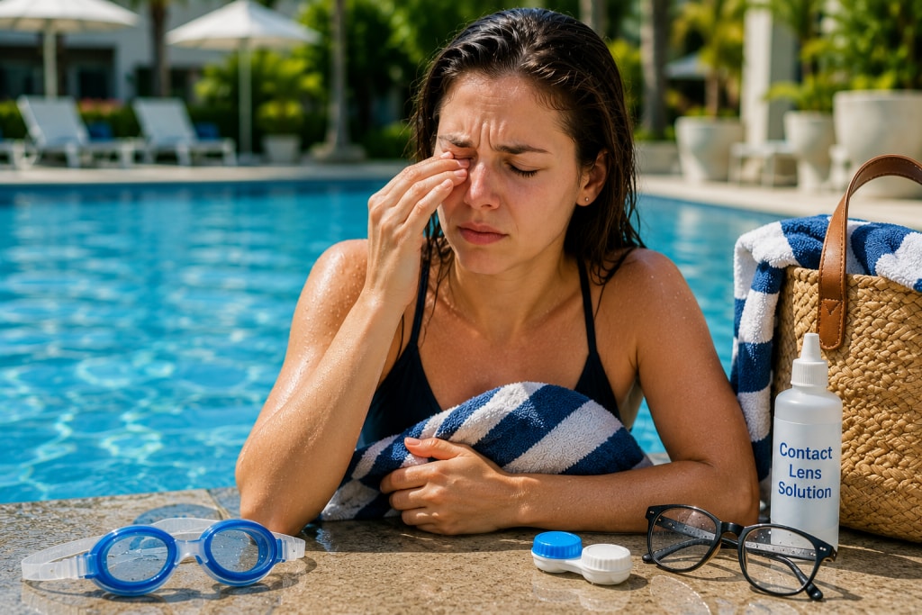 Woman rubbing an irritated eye beside a swimming pool with swim goggles, eyeglasses, contact lens case, towel, and contact lens solution nearby.