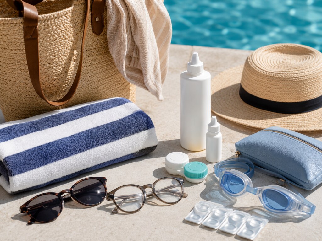 Open poolside kit with backup glasses, prescription sunglasses, extra contact lenses, contact lens solution, rewetting drops, a clean lens case, a folded towel, and prescription swim goggles arranged beside the water.