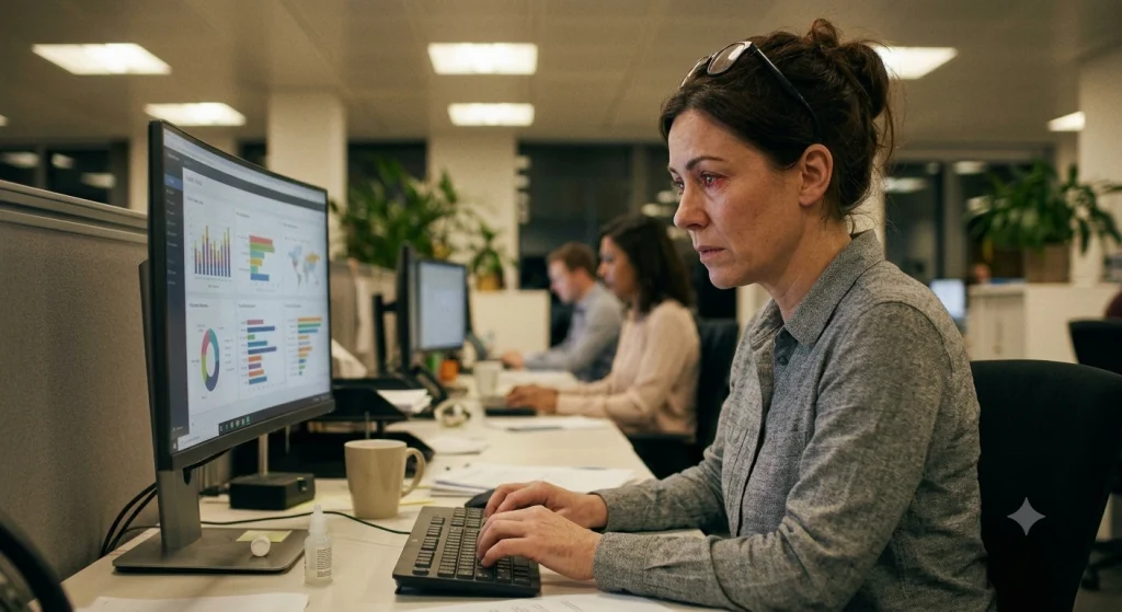 American office worker with tired eyes
