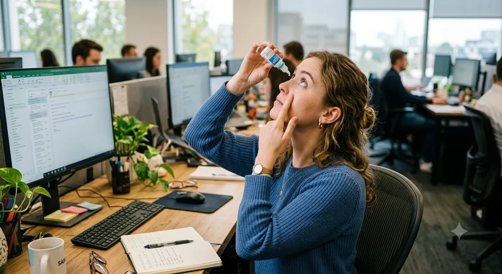American woman applying artificial tears